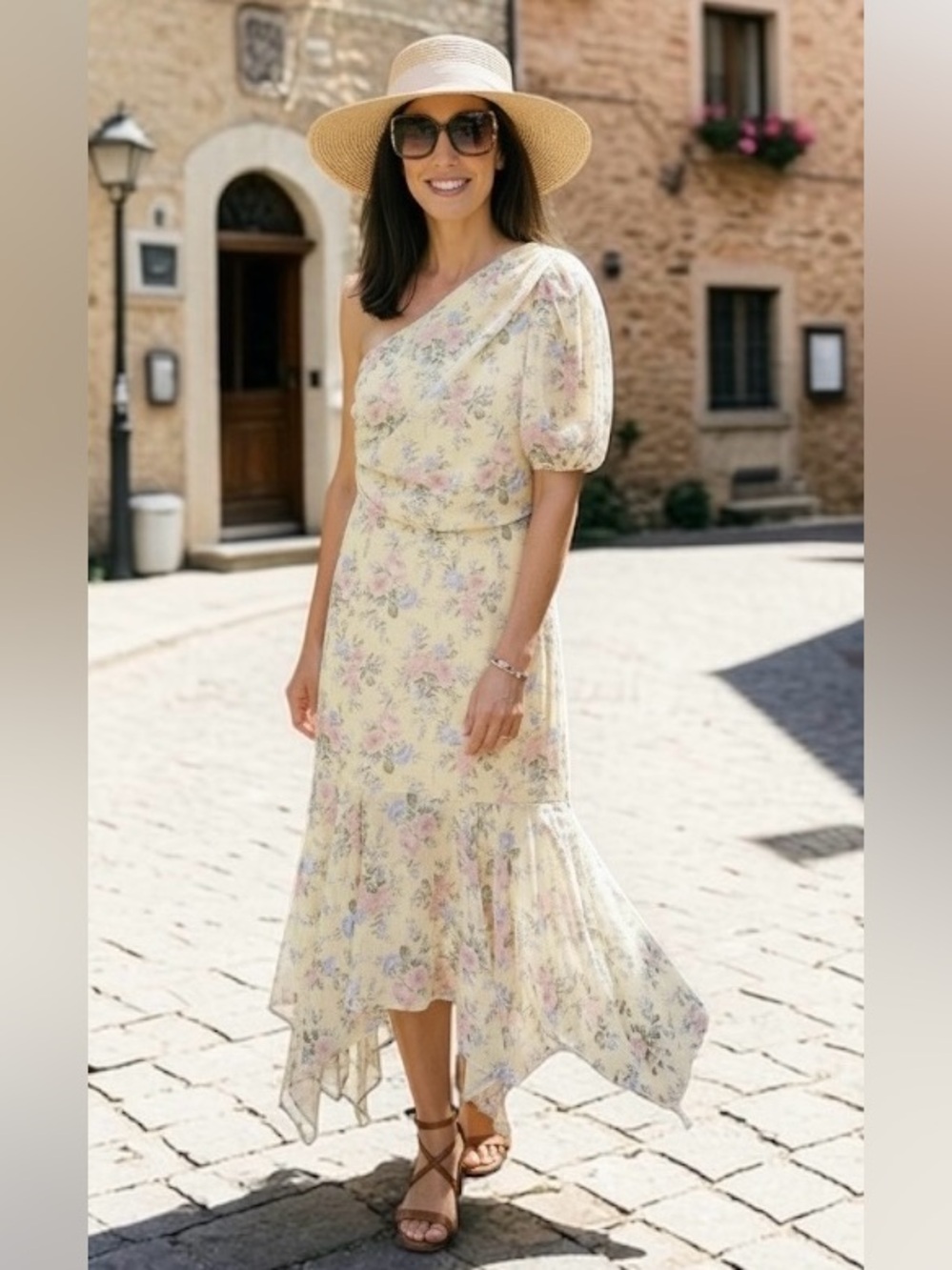 One Shoulder Floral Midi Dress Yellow Asymmetrical Wedding Guest S NWT 💛